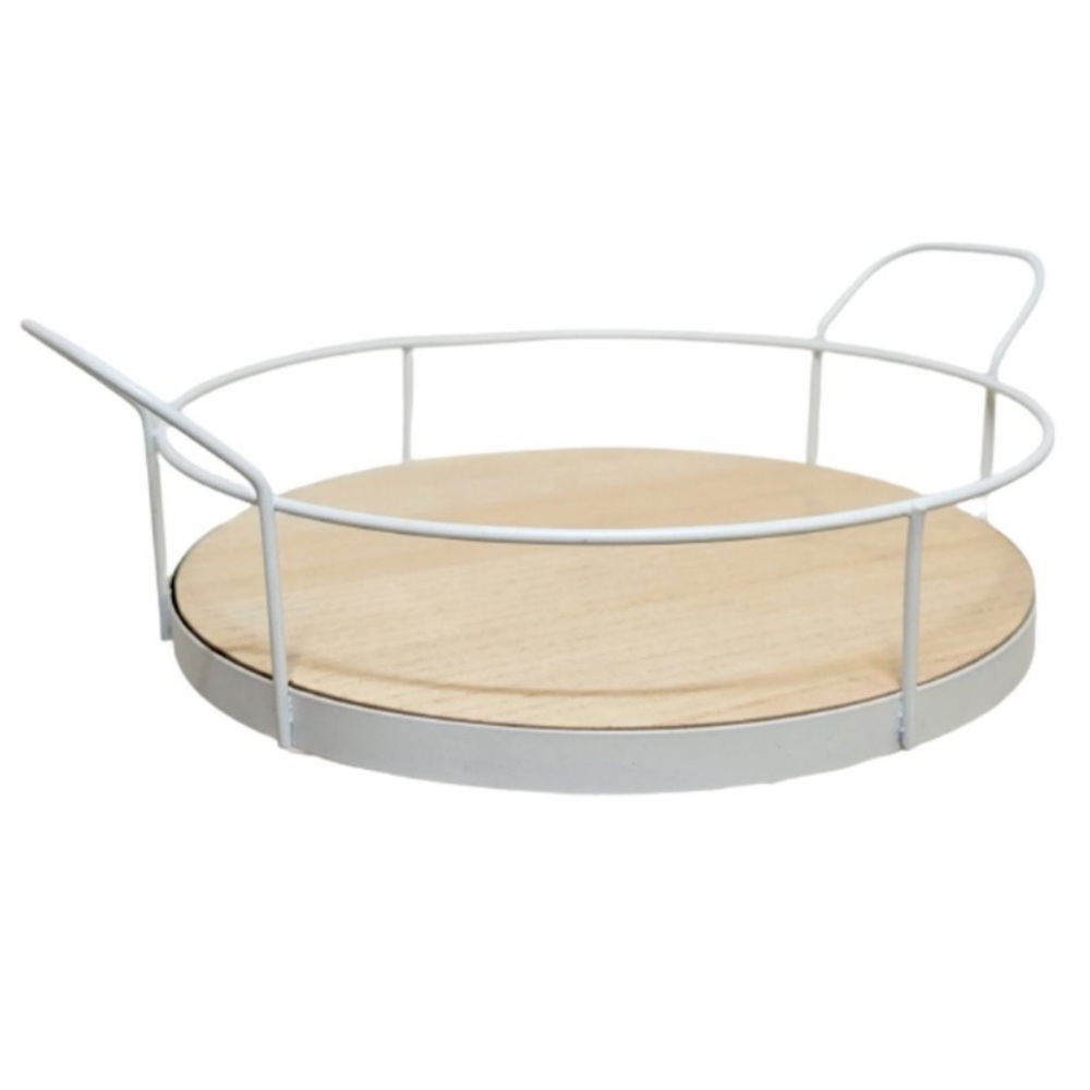 Round Natural Wood Finish & White Metal Frame Serving Decorative 10.5" Tray